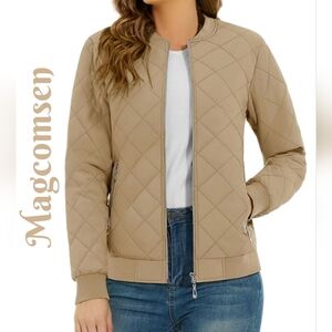 Magcomsen Women's Lightweight Jacket Sz L Khaki Beige Stitch Quilted Pockets